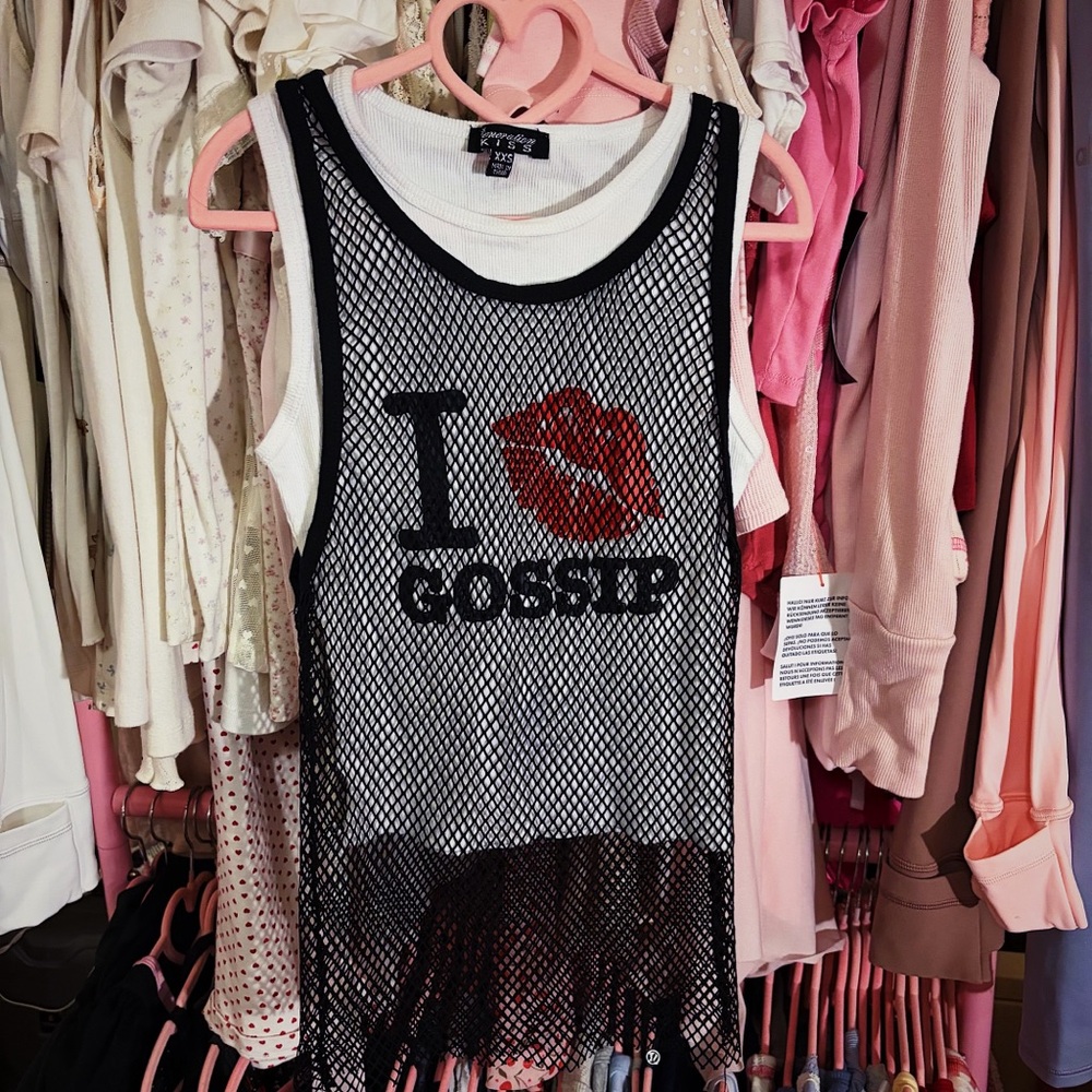 Dolls Kill Generation Kiss I Love Gossip White Mesh Fishnet Tank Top Sz XXS